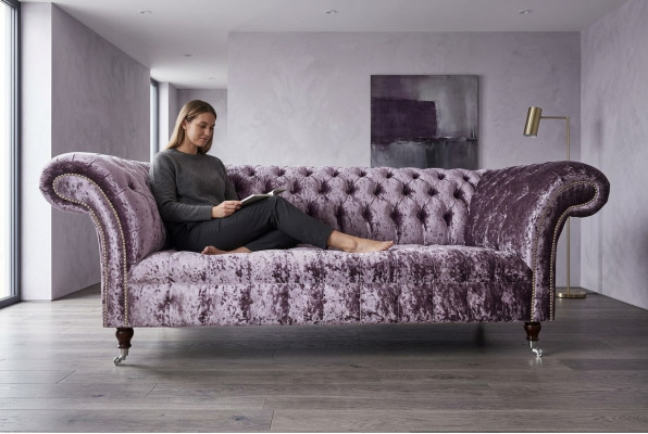 Stilvollen Liila Chesterfield Drësëtzer Luxus Wunnzëmmer 3er Couche