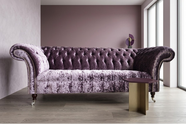 Stilvollen Liila Chesterfield Drësëtzer Luxus Wunnzëmmer 3er Couche