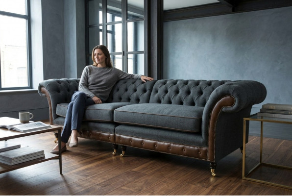 Chesterfield Sofa Couch Polster Sofen Couchen Véiersëtzer Stoff 265cm Sëtzpolster