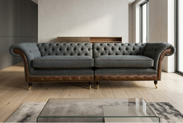 Chesterfield Sofa Couch Polster Sofen Couchen Véiersëtzer Stoff 265cm Sëtzpolster