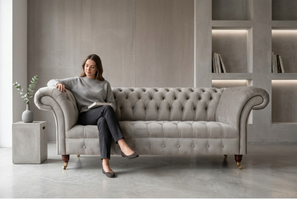 Stilvollen hellgréngen Chesterfield Dräisëtzer Luxus Wunnzëmmer 3-Sëtzer