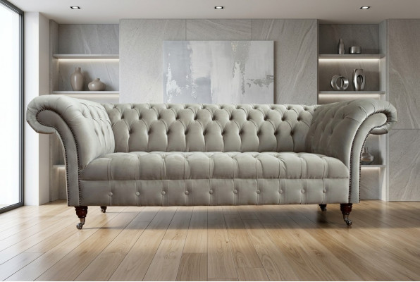 Stilvollen hellgréngen Chesterfield Dräisëtzer Luxus Wunnzëmmer 3-Sëtzer