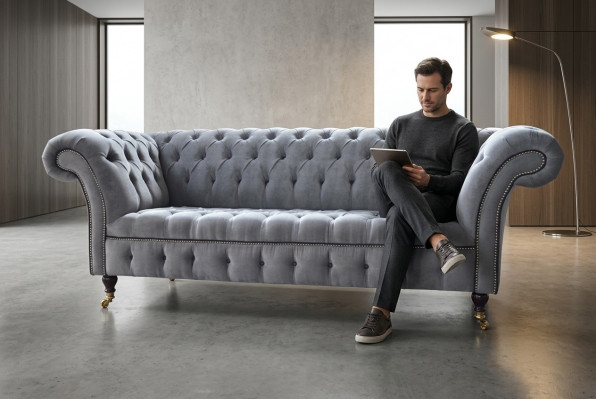Stilvollen grousse groewe Chesterfield 3-Sëtzer Luxus Wunnzëmmer Sofa