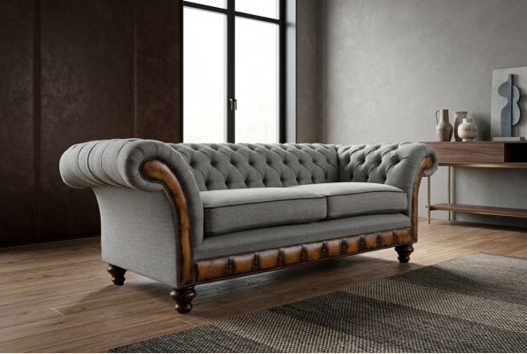 Grau-brong Chesterfield Couch Designer Wunnzëmmer 3-Sëtz Sofa