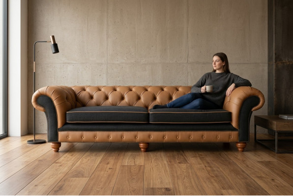 Braune Chesterfield Canapé 4 Sëtzer Sofa Samt Lieder Design