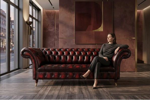 Bordaux Chesterfield Drësëtzer Luxus Wunnzëmmer 3er Canapé