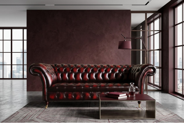 Bordaux Chesterfield Drësëtzer Luxus Wunnzëmmer 3er Canapé