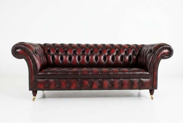 Bordaux Chesterfield Drësëtzer Luxus Wunnzëmmer 3er Canapé
