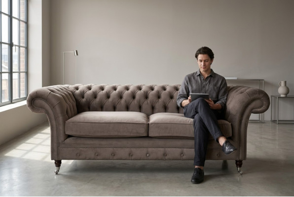 Luxus Taupe Chesterfield Drësëtzeger Wunnzëmmer 3-er Canapé Design Sofa