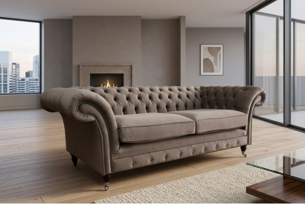 Luxus Taupe Chesterfield Drësëtzeger Wunnzëmmer 3-er Canapé Design Sofa
