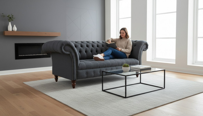 Grou Stoff Sofa Grou Chesterfield Dräisëtzer Luxus Wunnzëmmer Canapé