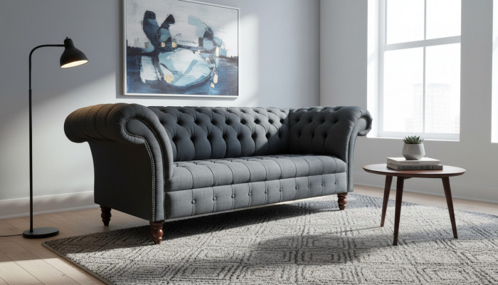 Grou Stoff Sofa Grou Chesterfield Dräisëtzer Luxus Wunnzëmmer Canapé