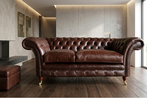 Braune Luxuss-Chesterfield 3-Sëtz Modern Wunnzëmmer Couche.