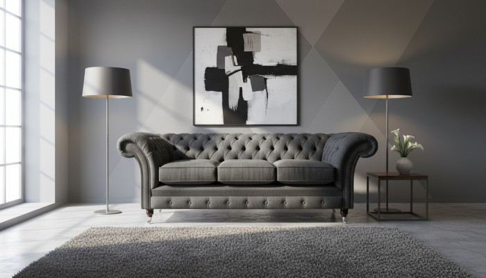 Schwaarzt Chesterfield Polstersofa Designer 3-Sëtzer Wunnzëmmer Couch