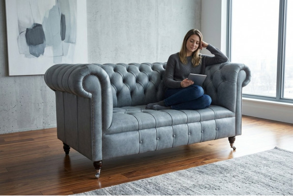 Sofa Chesterfield 2-Sëtzer Canapé Polstersëtz Textil Stoff Lieder Canapéen Sofas
