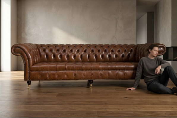 Chesterfield Braun Canapé Sofa Polster 4 Sëtzer Canapéen Sëtz Garnitur Sofas 265cm