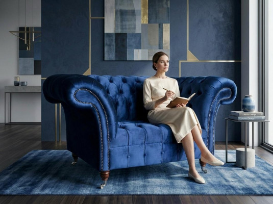 Sëtz Canapé Këssen Sofa Textil Chesterfield Canapéen 1,5-Sëtzer Een-Eenzel blauwe.