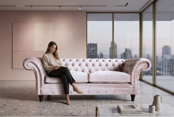 Chesterfield 3-Sëtzer Design Sofa Couch Polster Sofas Couchen Textil Dräisëtzer