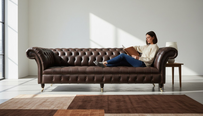 Braune Chesterfield Couch Polster 4-Sëtzer Designer Wunnzëmmer Couchen