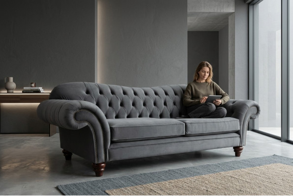 Grouss Sofa 4-Sëtz Couch Chesterfield Polstersëtz Garnitur Stoff Textil Nei Gro