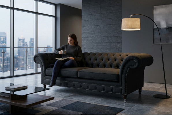 Schwaarze Modernen Dräisëtzer Chesterfield Luxus 3-er Canapé