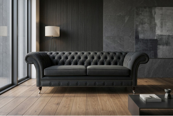 Schwaarze Modernen Dräisëtzer Chesterfield Luxus 3-er Canapé
