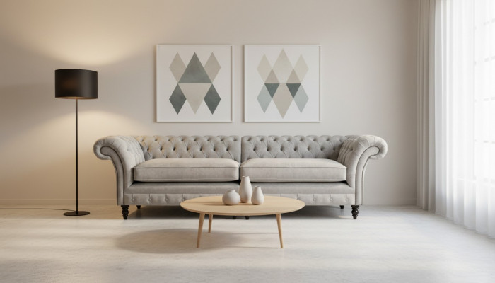 Héichwäerteg Chesterfield Polster Kanapee Textil Sofa bëlleg Mikrofaser Sofaen Nei