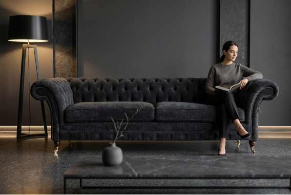 Héichwäerteg Chesterfield Couche Këssen Véier-Sëtzer Textil Sofa Webstoff XXL Stoff