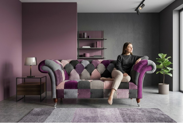Chesterfield 2 Sëtzer Sofa Textil Couch Polster Design Faarweg Sofas