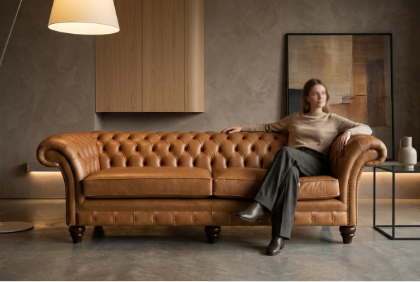 Braune Chesterfield Sofa Luxus 4-Sëtzer Couch Polster Stoff Sëtzer