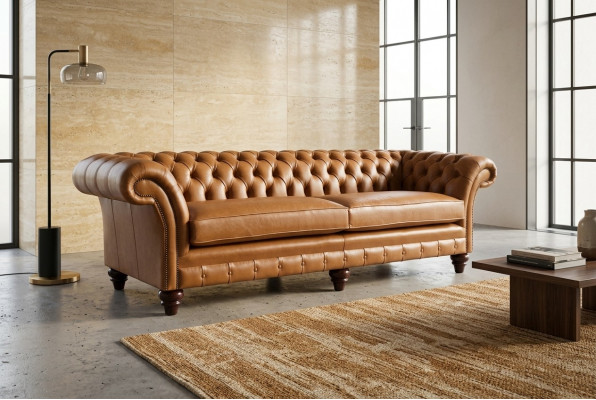 Braune Chesterfield Sofa Luxus 4-Sëtzer Couch Polster Stoff Sëtzer