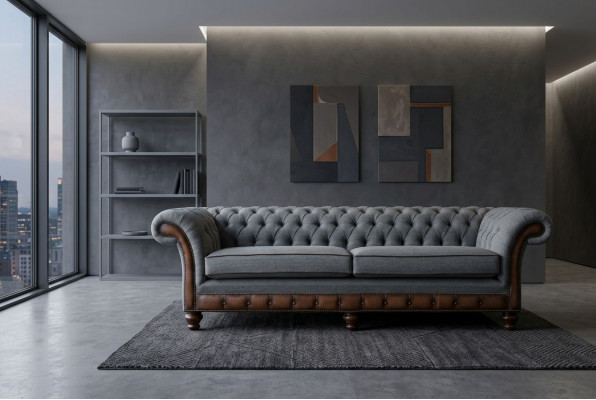 Chesterfield Liederfotell Stoffsofafotell Sofa Kanapee Polster Wunnzëmmer Moossufäerdegung