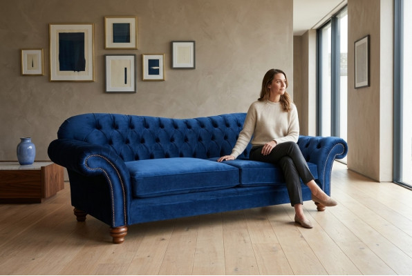 Design Sofa 4 Sëtzer Couch Textil Polster Blo Klassesch Sofas Chesterfield Nei
