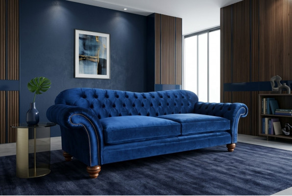 Design Sofa 4 Sëtzer Couch Textil Polster Blo Klassesch Sofas Chesterfield Nei