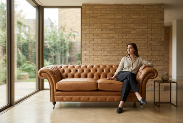 Canapé 3-Sëtzer Sofa Chesterfield Polster Sëtz Garnitur Lieder Brong Textil
