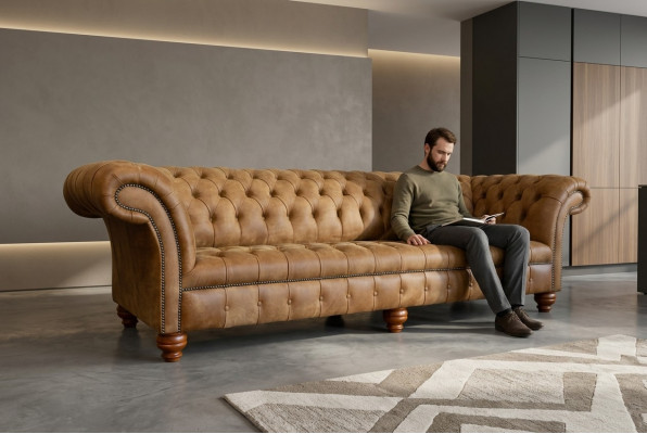 Chesterfield Braun Canapé Sofa Polster 4 Sëtzer Canapéen Sëtz Garnitur