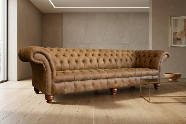 Chesterfield Braun Canapé Sofa Polster 4 Sëtzer Canapéen Sëtz Garnitur