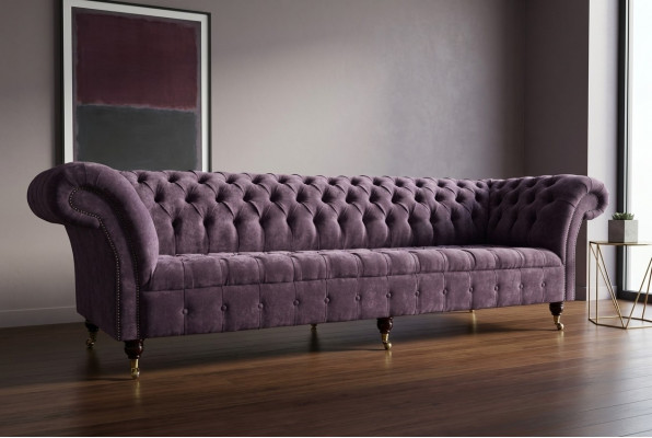 Lila Chesterfield Luxus Canapé Sofa Gepolstert 4 Sëtzer Couchen Sëtz Garnitur