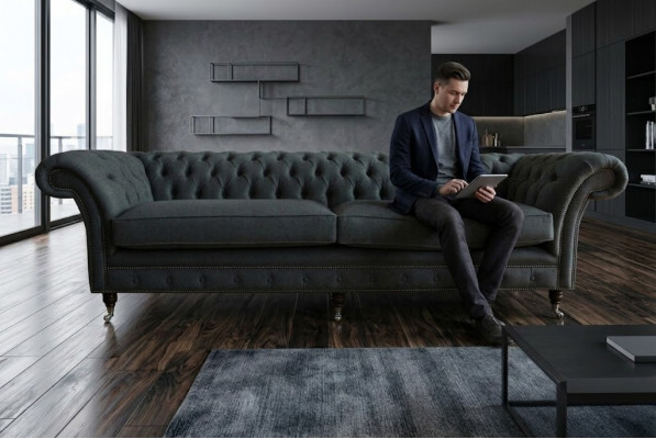 Original Chesterfield Textil Lieder Sofa Canapé Kissen Grouss Sëtzpolster Gro 265cm