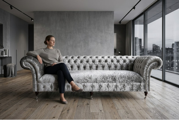 Sëlwer Chesterfield Stoff Lieder Canapé Couch Polster Grouss Sëtzpolster Nei 265cm