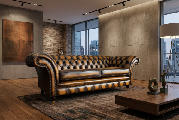 Edler Chesterfield Braunener Dräsitzer Luxus Polster Couchen Designer Sofasen