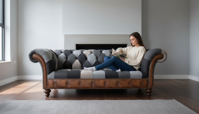 Chesterfield Textil Sofa 3 Sëtzer Sofa Polster Sofas Design Luxus Stoffsofaen Nei