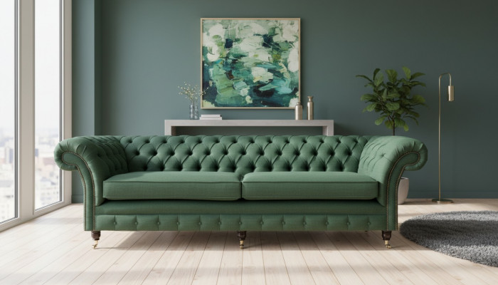 Knëpp Sofabett Chaesterfield Sofas 4 Sëtzer Couch Polster Stoff Wunnzëmmer Miwwelen