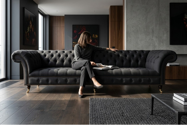Schwaarz Chesterfield Textil Lieder Sofa Couch Polster Grouss Sëtzpolster XXL 265cm