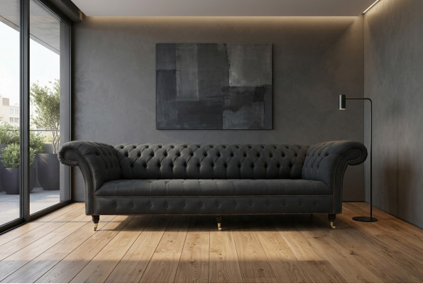 Schwaarz Chesterfield Textil Lieder Sofa Couch Polster Grouss Sëtzpolster XXL 265cm