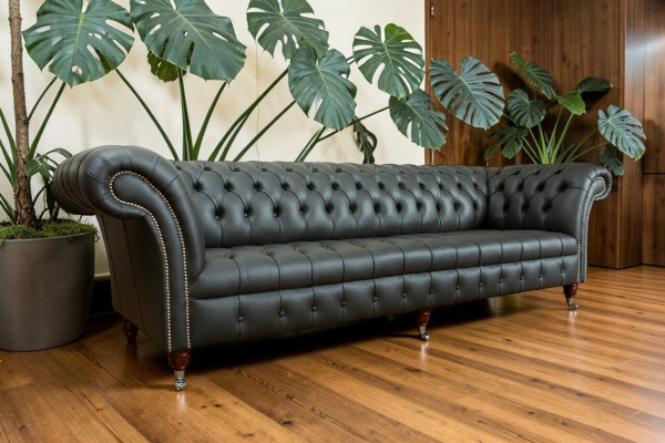 Groue Chesterfield 4-Sëtzer Grouss Sofa Couch Textil Lieder Polster Sofas