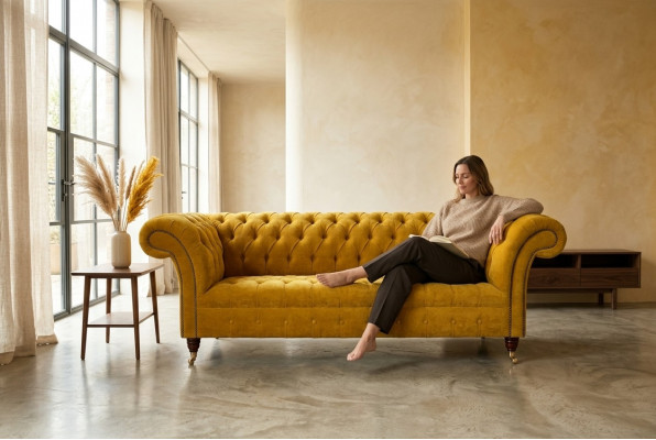 Designer giel Chesterfield 3-Sëtzer Luxus Dräisëtzer Couch