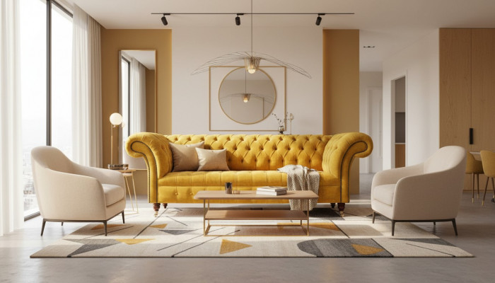 Designer giel Chesterfield 3-Sëtzer Luxus Dräisëtzer Couch