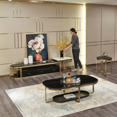 Wunnzëmmer Set Sideboard Säitentafel Couchtisch Dësch 3-Teileg Komplett