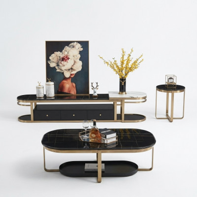 Wunnzëmmer Set Sideboard Säitentafel Couchtisch Dësch 3-Teileg Komplett